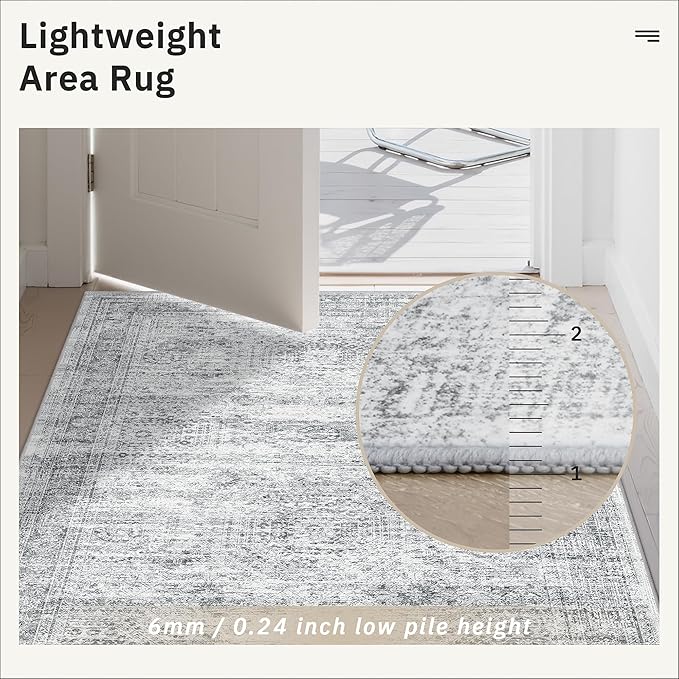 Runner Rug 2'6" x 12' Washable Non-Slip Runner Rugs for Kitchen Bathroom Laundry Room Vintage Ultra Thin Runners for Hallway Entryway Grey