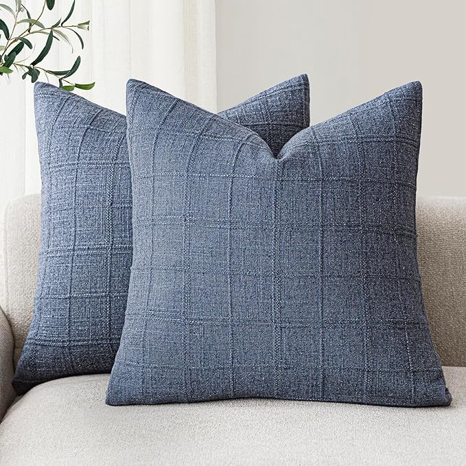 Foindtower Set of 2 Decorative Linen Check Throw Pillow Covers Neutral Farmhouse Vintage Cushion Covers Modern Coastal Boho Home Decor for Sofa Chair Couch Bedroom Living Room,26×26 Inch,Blue