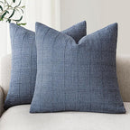 Foindtower Set of 2 Decorative Linen Check Throw Pillow Covers Neutral Farmhouse Vintage Cushion Covers Modern Coastal Boho Home Decor for Sofa Chair Couch Bedroom Living Room,16×16 Inch,Blue