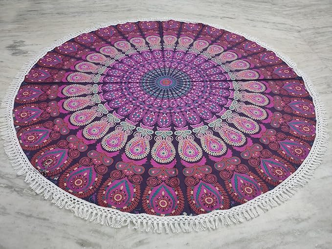 Round Beach Tapestry Turquoise Mandala Throw/Boho Hippie Beach Blanket Roundie/Indian Cotton Bohemian Large Round Table Cloth-Home Decor/Yoga Mat Meditation Picnic Rug (42", White And Pink)