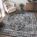 AMOAMI-3X5 Area Rug-Soft Washable Rugs for Living Room Bedroom -Non Slip Entryway Rug-Indoor Vintage Throw Rug Accent Rug for Living Room Laundry Room Kitchen Bathroom Bedside Dark Grey & Black