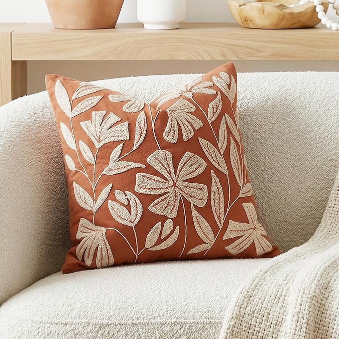 BlissBlush 20x20 Throw Pillow Cover, Brick Red Square Decorative Cushion Cover for Couch Sofa, Floral Tufted Embroidered Velvet Farmhouse Accent Pillowcase (Cover Only)