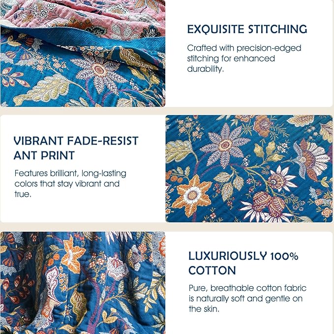 Boho Throw Blanket - 100% Cotton Ultra Soft Muslin Spring Blanket, 50"x60" Lightweight Floral Butterfly Framhouse Bedding Blanket for Bed, All Season Blue Bohemian Bedroom Home Decor Quilt