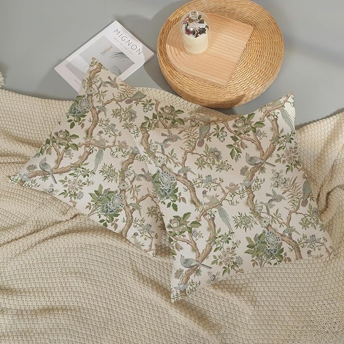 Green Floral Bird Pillow Covers 20x20 Set of 2 Chinoiserie Throw Pillows Green Vintage Flowers Bird Decorative Pillow Cases Outdoor Chinoiserie Decor Farmhouse Cushion Case for Couch Sofa