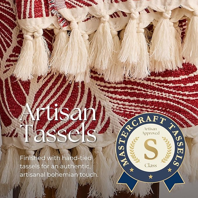 DOWN HOME Chenille Cotton Throw Blanket for Couch, Lightweight Boho Blanket for Bed Sofa Chair Living Room Outdoor Soft Woven Decorative Blanket with Tassel Gift Red Leaves 60"x80"