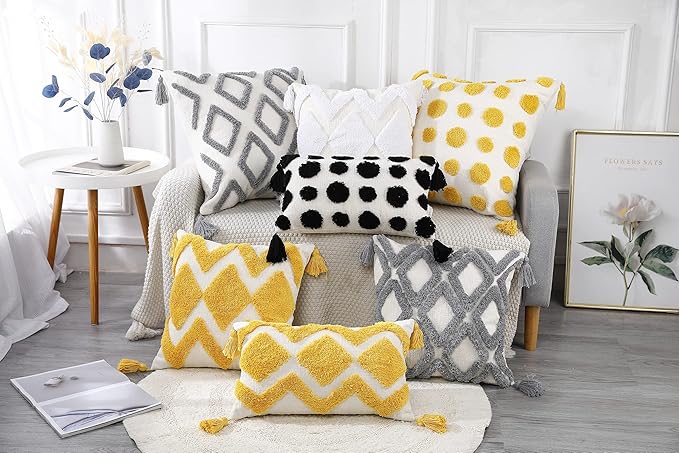 PANOD Super Soft Farmhouse Decorative Plush Throw Pillow Covers 18 x 18 Yellow,Solid Pom pom Tufted with Tassels Modern Accent Boho Square Cushion Cover Pillow Case for Couch Sofa