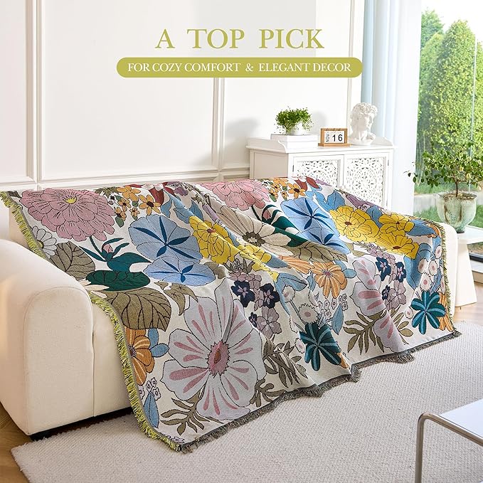 Boho Throw Blanket for Couch Cover, 100% Handwoven Cotton Southwestern Farmhouse Floral Decor Reversible Blanket, All Season Throw for Sofa Bed Tapestry Outdoor Camping Picnic. 71″×134″