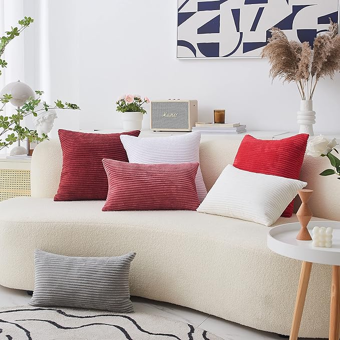 Home Brilliant Lumbar Throw Pillow Covers 12x20 inch 2 Pack Solid Striped Corduroy Dark Red Rectangle Pillow Cover for Sofa Couch Wedding Decorations, 12 x 20 inch, Burgundy
