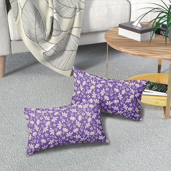 Purple Pillow Covers 12x20 Set of 2 Vintage Floral Rustic Old Style Cute Flower Print Rectangle Decorative Outdoor Pillowcases Seasonal Farmhouse Throw Cushion Case Couch Sofa Bed Decor