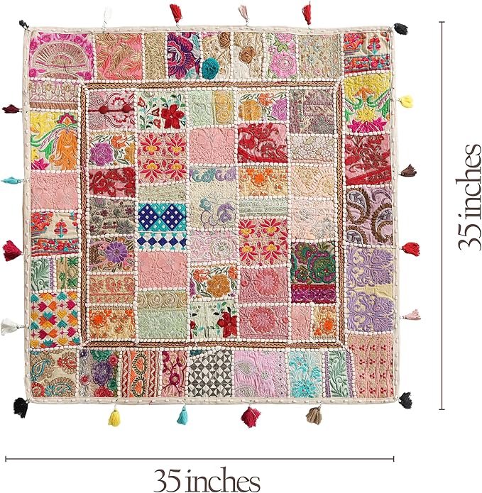 THE ART BOX Cotton Patchwork Vintage Boho Embroidered Floor Pillows & Cushion Cover Dog Pouf Seating Pouf Meditation Pillow Pet Bedding Cat Bed Boho Home Décor (35x35 Inches, Cover Only)