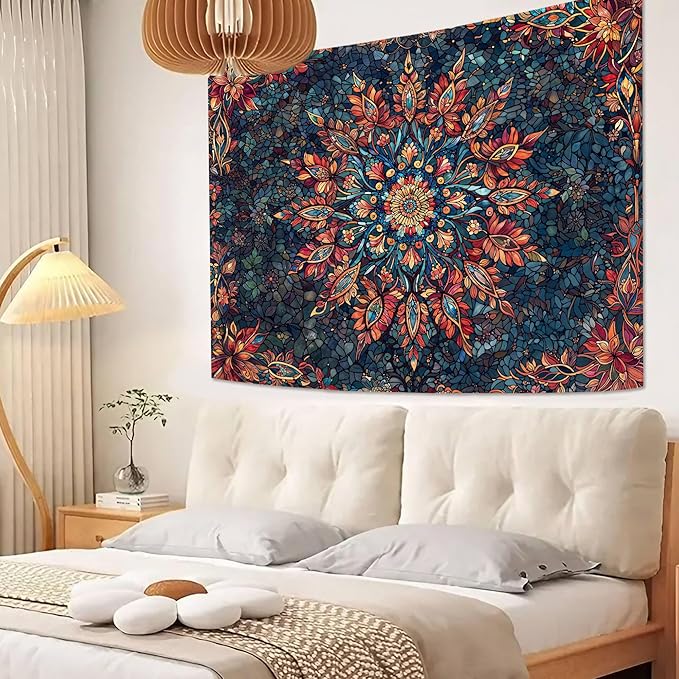 Accnicc Boho Floral Mandala Tapestry for Bedroom Hippie Bohemian Flower Wall Tapestry Aesthetic Small Stained Glass Red Blue Indian Tapestries Wall Hanging for Living Room Dorm Decor 48 x 36 Inch