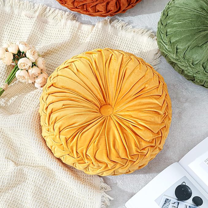 Round Throw Pillows Decorative Pleated Throw Pillows 15'' Diameter Accent Pumpkin Boho Chair Cushion for Couch Sofa Home Decoration(Yellow,1 Pcs)