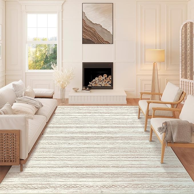 Boho Area Rug 6x9 Beige Living Room Large Office Modern Neutral Kitchen Taupe Washable Indoor Accent Low Pile Geometric Carpet Distressed Throw Rug Bedroom Dining Room