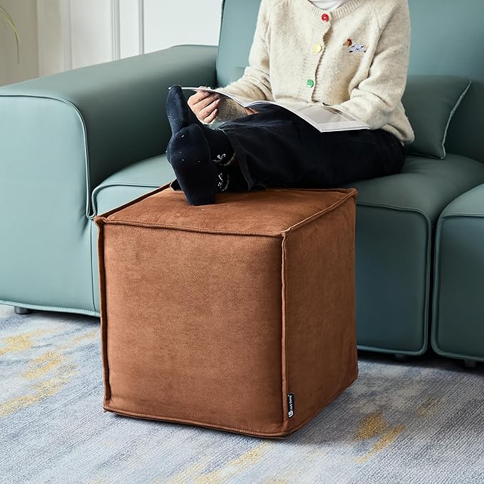 Louis Donné Storage-Friendly Unstuffed Pouf Ottoman Cover Microfiber Foot Rest for Living Room, Bedroom, Coffee Nook, Soft Durable Square Bean Bag Cushion Replacement (Brown, Only Cover)