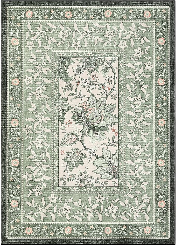 GarveeHome Provence Area Rugs 9x12 Living Room, Botanical Grove Sage Green Cottagecore Washable Rug for Bedroom Dining Nursery Low-Pile Vintage Large Soft Carpet