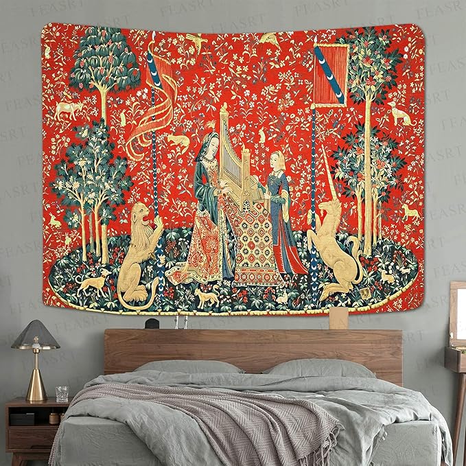 FEASRT Medieval Maiden and Unicorn Tapestry European Royal Tapestry Lion Tapestry, 60x40 Inches Soft Flannelette, Lady and Unicorn for Living Room Bedroom Dorm
