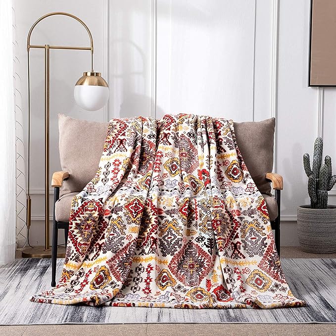 DaDa Bedding Bohemian Southwestern Mink Fleece Throw Blanket - Lightweight Cozy Farmhouse Aztec Havana Geometric Abstract Soft Warm Fall Decor - Yellow & Red - Queen - 90" x 90"