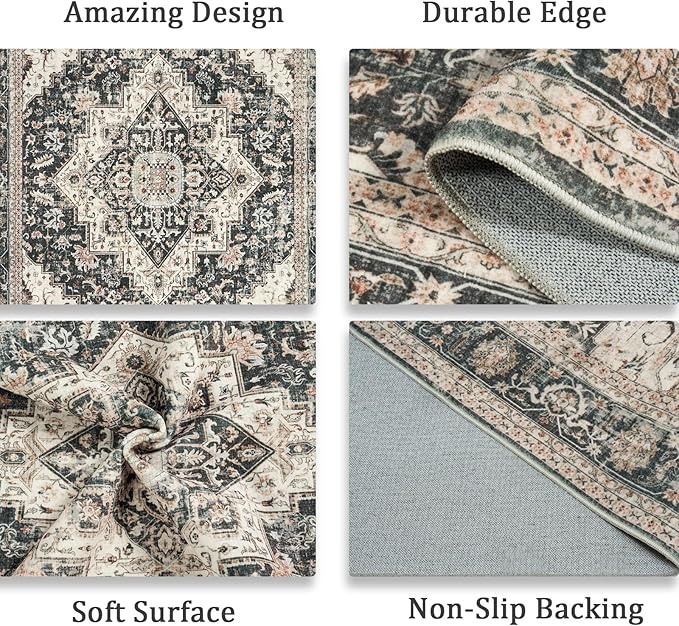 Washable Area Rugs 5x7, Ultra-Thin Rugs for Living Room, Bedroom, Dining Room, Stain Resistant Anti Slip Backing Area Rug, Super-Soft Floral Vintage Home Decor Rug (Black/Beige, 5'x7')