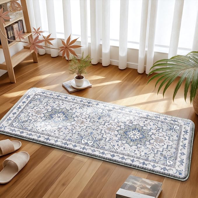 Boho Kitchen Mats for Floor 2 Piece Set Anti Fatigue Cushioned PVC Kitchen Rugs Non Slip Waterproof Farmhouse Mats 2/5 Inch Comfort Standing Mat for Sink, Laundry, 17.3"x47"+17.3"x28", Blue Grey