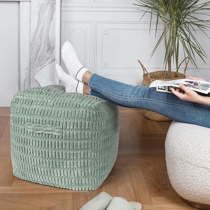 AELS Unstuffed Farmhouse Pouf Cover for Living Room, Boho Storage Bean Bag Cubes, Sage Green Soft Corduroy Plush Sripe Square Ottoman Pouf Foot Rest Footstool, 18"x18"x18", Cover ONLY
