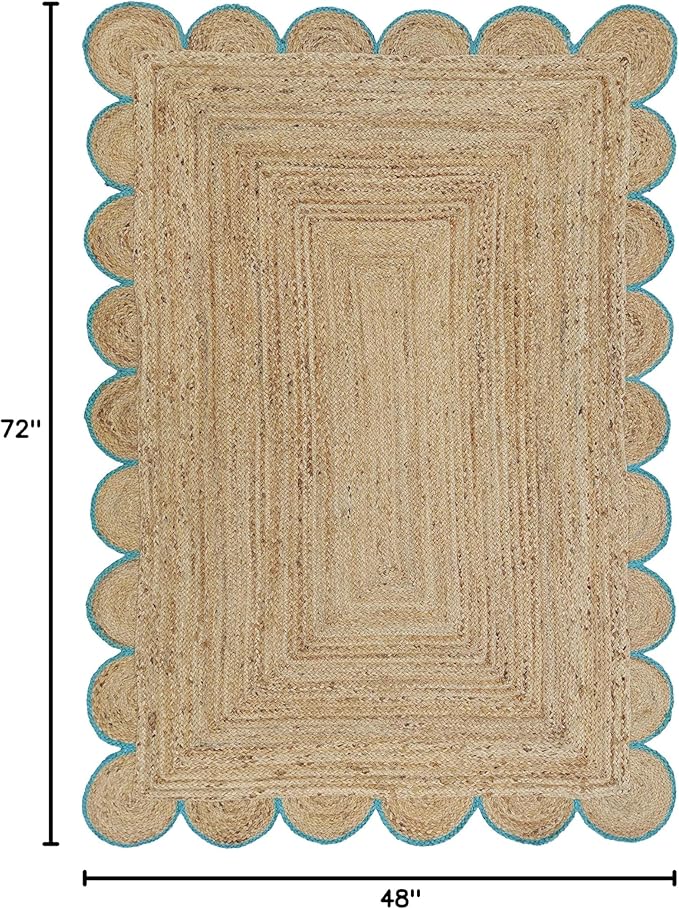 Scalloped Natural Jute Area Rug, Teal Trim, 4'x6'