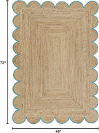 Scalloped Natural Jute Area Rug, Teal Trim, 4'x6'