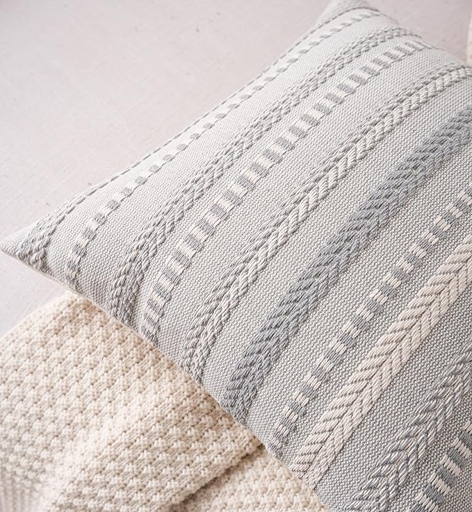 Boho Throw Pillow Covers 18x18 Inch Set of 2, Farmhouse Decorative Couch Pillow Cases, Grey Accent Pillows of Bed, Sofa Bedroom Living Room Home Decor Cushion Cover