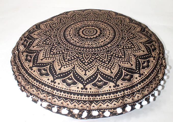 CRAFT KALA Boho Large Floor Pillow Pouf Cover Mandala Meditation Room Pillow Cover for Adults Round Bohemian Seating Pouf Cushion Cover for Kids Playroom 22" Black Gold Ombre