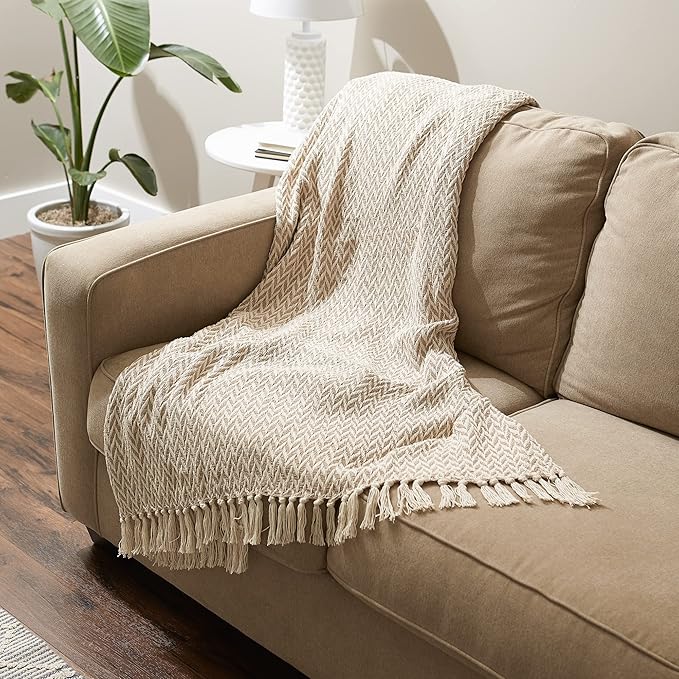 DII Modern Zig Zag Throw Blanket Woven Cotton, Hand-Knotted 2.5" Fringe, 50x60, Stone