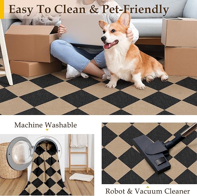 8x10 Checkered Easy Jute Area Rug for Living Room Large Checkerboard Washable Indoor Outdoor Carpet Farmhouse Patio Office Mat Geometric Non Slip Black Carpet for Backyard Dining Room