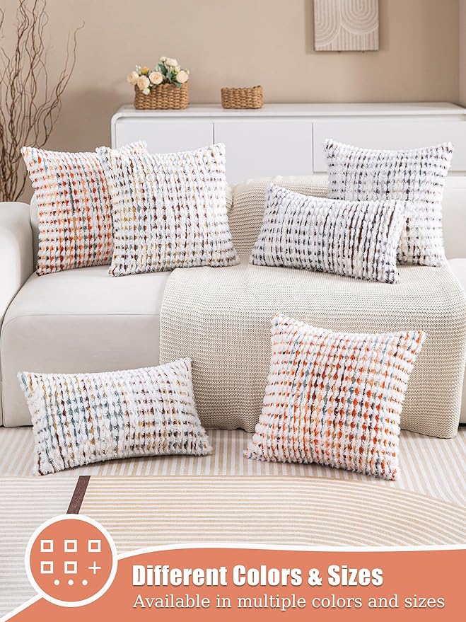 Decorative Boho Pillow Covers Set of 2-18x18 Inch Tufted Farmhouse Boho Throw Pillows for Couch, Neutral Chenille Fluffy Accent Pillowcase for Bed Living Room, Bedroom Sofa, Brown White