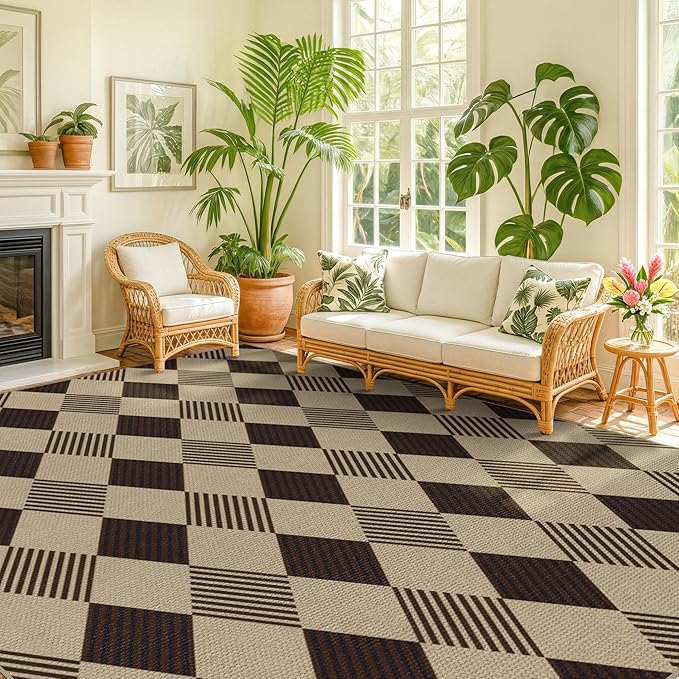JTJ Easy Jute Diamond 8x10 Area Rug for Living Room - Checkered Plaid Rug for Patio, Bedroom, Home Office, Woven Low Pile Washable Beige Black Geometric Front Porch Décor