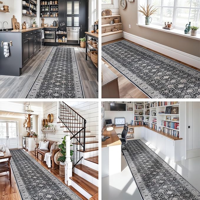 Hallway Washable Runner Rug - 3x20 Kitchen Rugs Entryway Rug Long Runner Vintage Soft Floor Mat Non Slip Indoor Farmhouse Carpet for Bathroom Living Room Bedroom (3 X 20, Black)