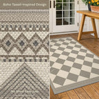 Beige Gray Checkered 5x7 Easy Jute Indoor Outdoor Area Rug for Living Room Backyard Porch, Washable Non Slip Dining Room & Bedroom Carpet, Diamond Pattern Modern Farmhouse Outdoor Patio Rug
