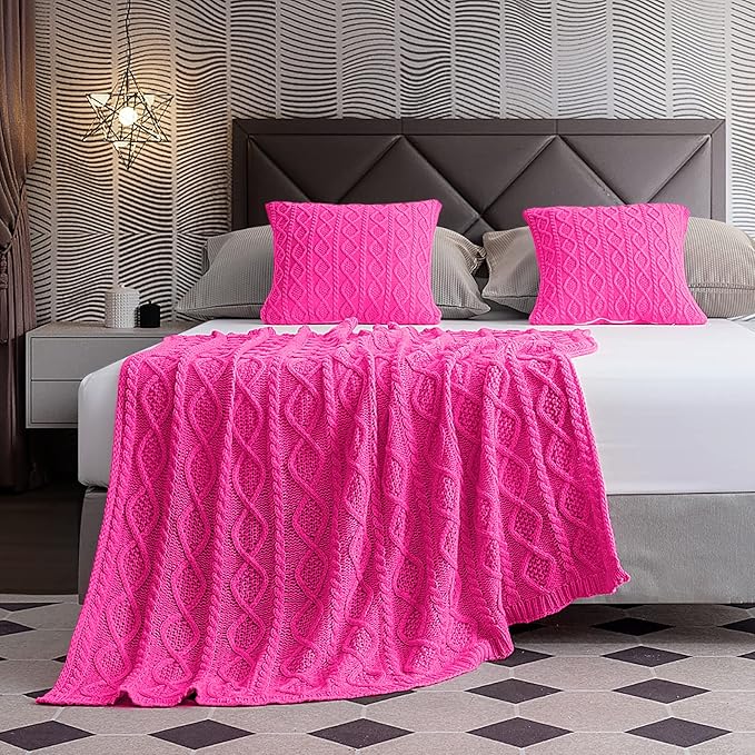 Homiest Hot Pink Cable Knit Throw Blanket Set of 3, 50"x60" Blanket & 2x18"x18" Pillow Covers, Soft & Cozy Acrylic Blanket for Couch, Bed, Sofa