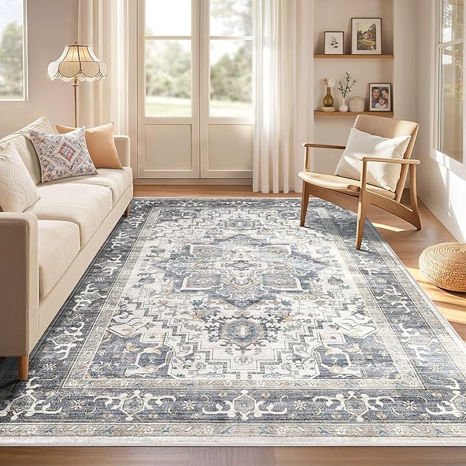 Washable Rug 10x14 Area Rugs: Boho Vintage Distressed Oriental Medallion Neutral Thin Large Rug Carpet for Living Room Bedroom Dining Room Home Office Decor - Light Blue