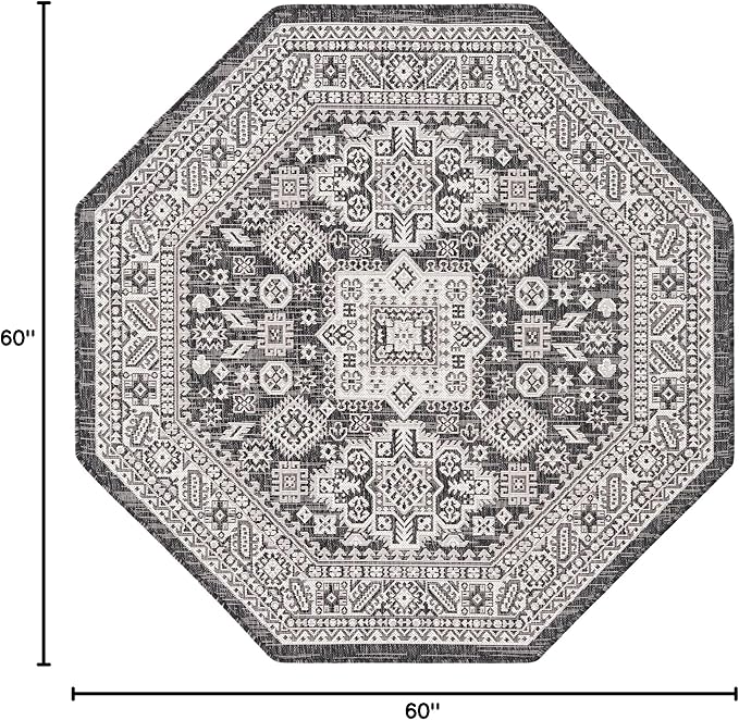 Rugs.com Outdoor Aztec Collection Rug – 5 Ft Octagon Charcoal Gray Flatweave Rug Perfect for Living Rooms, Kitchens, Entryways