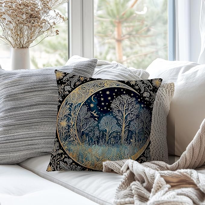 Vintage Dark William Morris Night Moon Forest Decor Pillow Covers 18x18 Double-Sided,Black Forest Decor,Dark Dcademia Floral Decorative Throw Pillow Covers for Home Bedroom Living Room