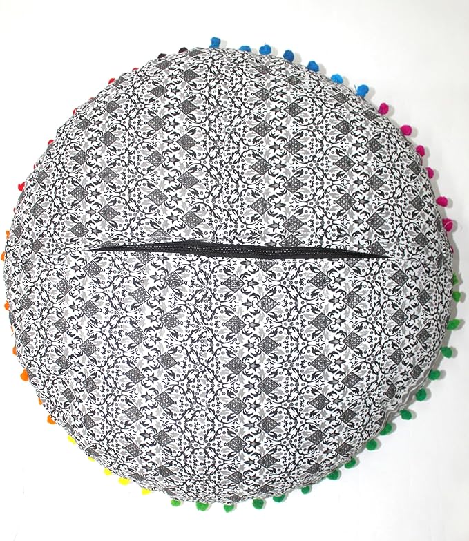CRAFT KALA Boho Large Floor Pillow Pouf Cover Mandala Meditation Room Pillow Cover for Adults Round Bohemian Seating Pouf Cushion Cover for Kids Playroom 22" Grey Ombre