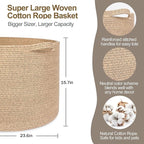 115L Wicker Storage Basket, 23.6"x15.7" Woven Cotton Rope Basket, Giant Kids Dog Toy Bin Organizer, XXXL Blanket Pillow Holder for Living Room, Brown Variegated Wicker Baskets for Organizing