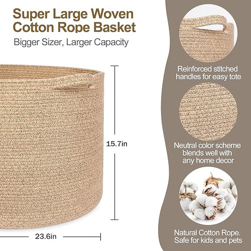 115L Wicker Storage Basket, 23.6"x15.7" Woven Cotton Rope Basket, Giant Kids Dog Toy Bin Organizer, XXXL Blanket Pillow Holder for Living Room, Brown Variegated Wicker Baskets for Organizing