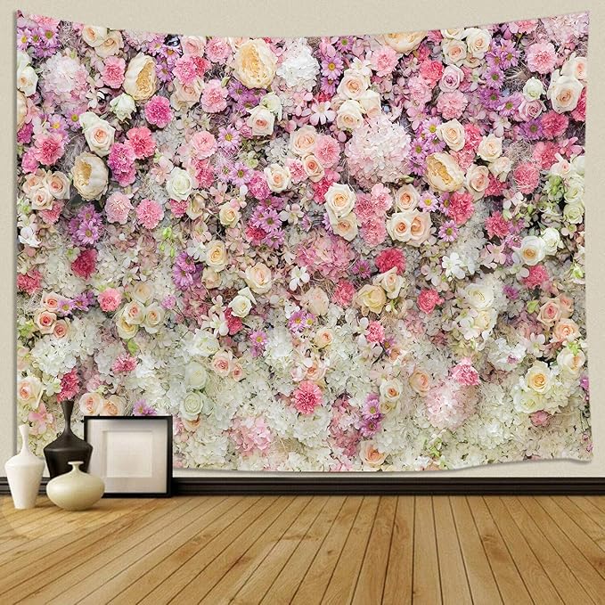 JAWO Floral Wall Tapestry for Girls, Colorful Pink Yellow Rose Flower Large Wall Hanging for Bedroom, Romantic Spring Aesthetic Tapestry Beach Blanket College Dorm Home Decor (90" W x 70" H)