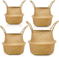 Qunclay 4 Pcs Woven Seagrass Baskets Belly Basket Folding Boho Natural Plant Pot with Handles Round Decorative Wicker Large Indoor Planter for Home Outdoor Tree Planters Decor (Xs,S,M,L)