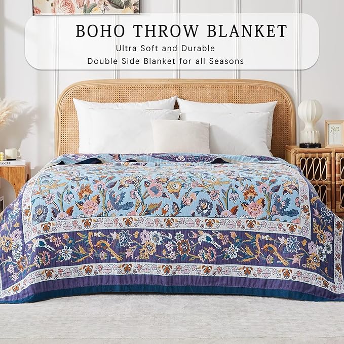Boho Blanket Soft Muslin BohoThrow Blanket, 100% Cotton Floral Printed Farmhouse Decor All Season Reversible Rustic Throw for Sofa Couch Chair (Light Purple, 50"x60")