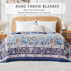 Boho Blanket Soft Muslin BohoThrow Blanket, 100% Cotton Floral Printed Farmhouse Decor All Season Reversible Rustic Throw for Sofa Couch Chair (Light Purple, 90"x98")