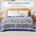 Boho Blanket Soft Muslin BohoThrow Blanket, 100% Cotton Floral Printed Farmhouse Decor All Season Reversible Rustic Throw for Sofa Couch Chair (Light Purple, 80"x90")