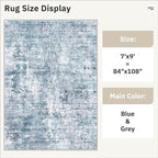 7x9 Area Rug for Living Room Washable Abstract Vintage Soft Thin Indoor Floor Non-Slip Carpet for Bedroom Dining Room Blue Grey