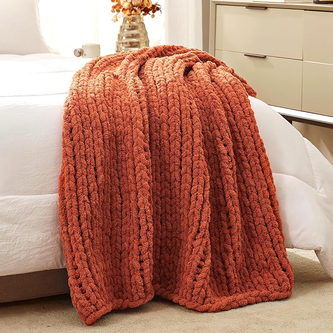 Amélie Home Chunky Knit Throw Blanket for Couch, Soft Chenille Crochet Blanket for Sofa, 50"x60", Burnt Orange
