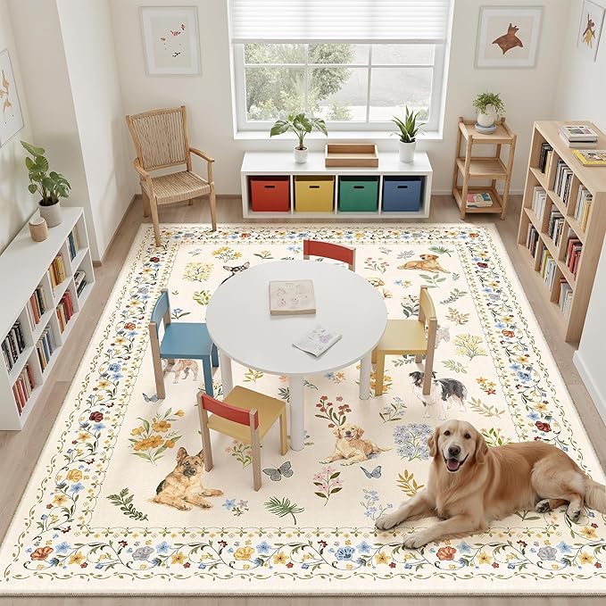 Dog 8x10 Area Rugs for Living Room, Machine Washable Animal Floral Vintage Rug Non-Slip Low Pile Soft Throw Large Rugs for Bedroom Dining Room Kitchen Nursery Playroom (8 x 10,Beige)
