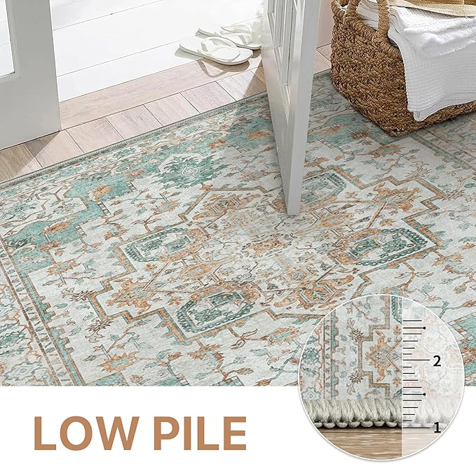 GENIMO 2‘6“x10 Runner Rugs for Hallway, Machine Washable Non Slip Vintage Rugs, Low Pile Lightweight Soft Print Rug for enrtyway, Corridor, Home Office, Kitchen, Cyan